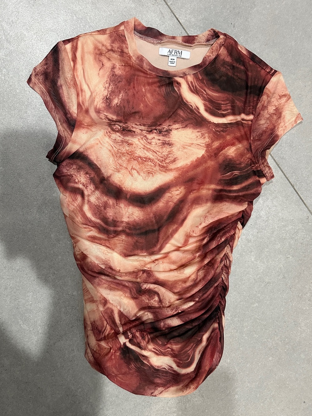 AFRM Marble Ruched Short Sleeve Top in Rust and Cream